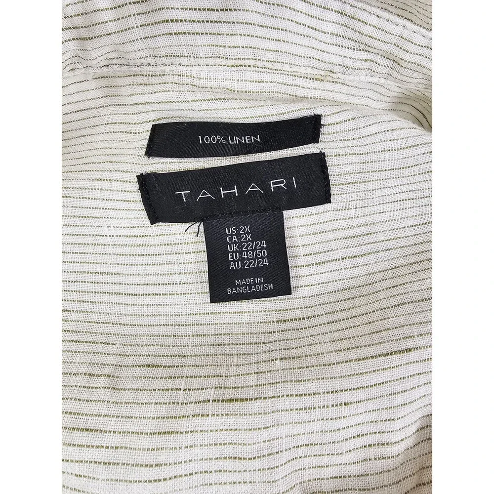 Tahari 2XL Linen White Olive Lagenlook Button Down - Picture 5 of 7